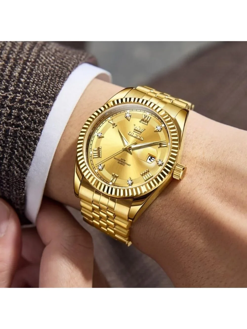 Men's Gold Two Tone Diamond Classic Analog Stainless Steel Waterproof Watch