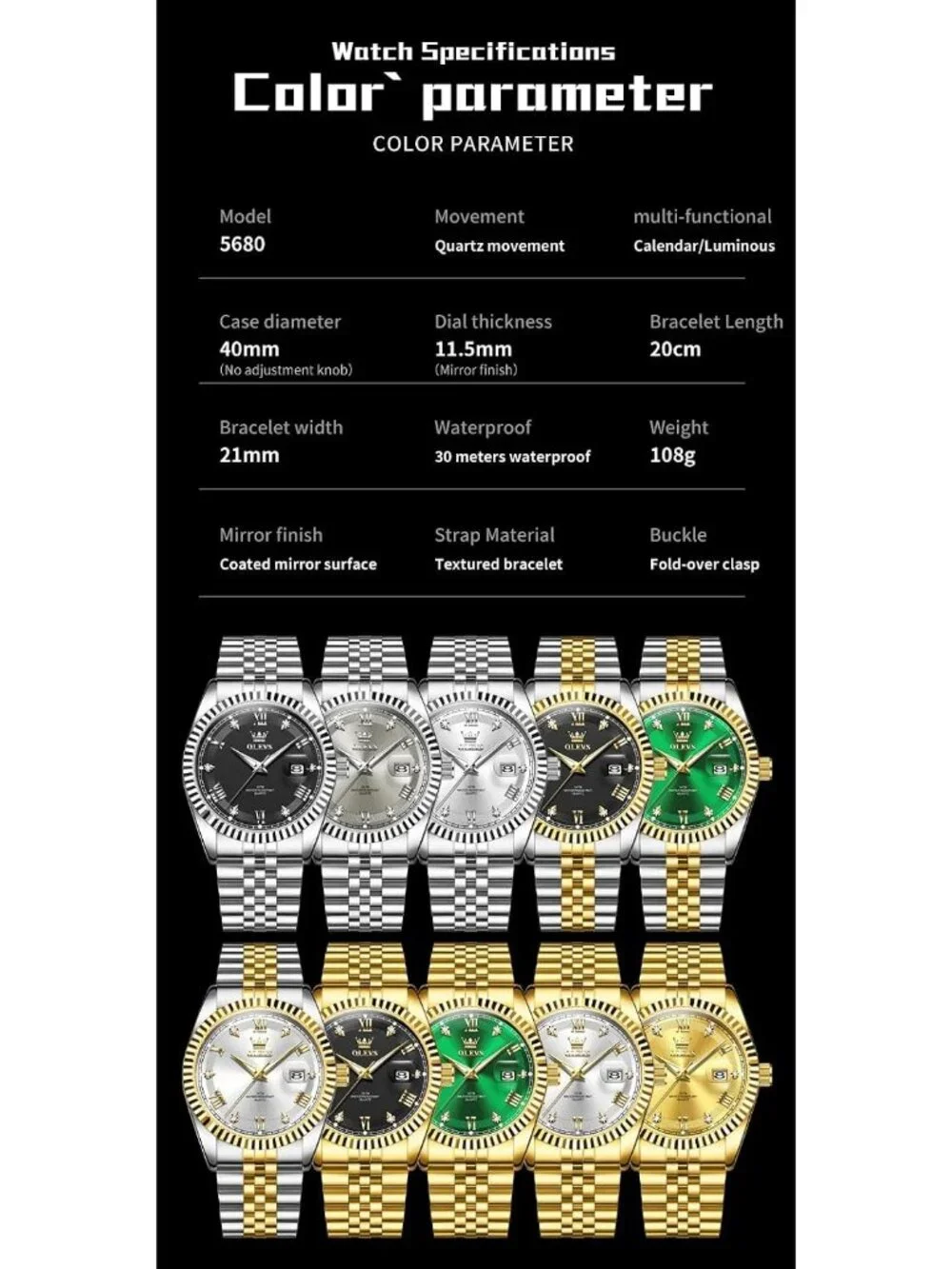 Men's Gold Two Tone Diamond Classic Analog Stainless Steel Waterproof Watch